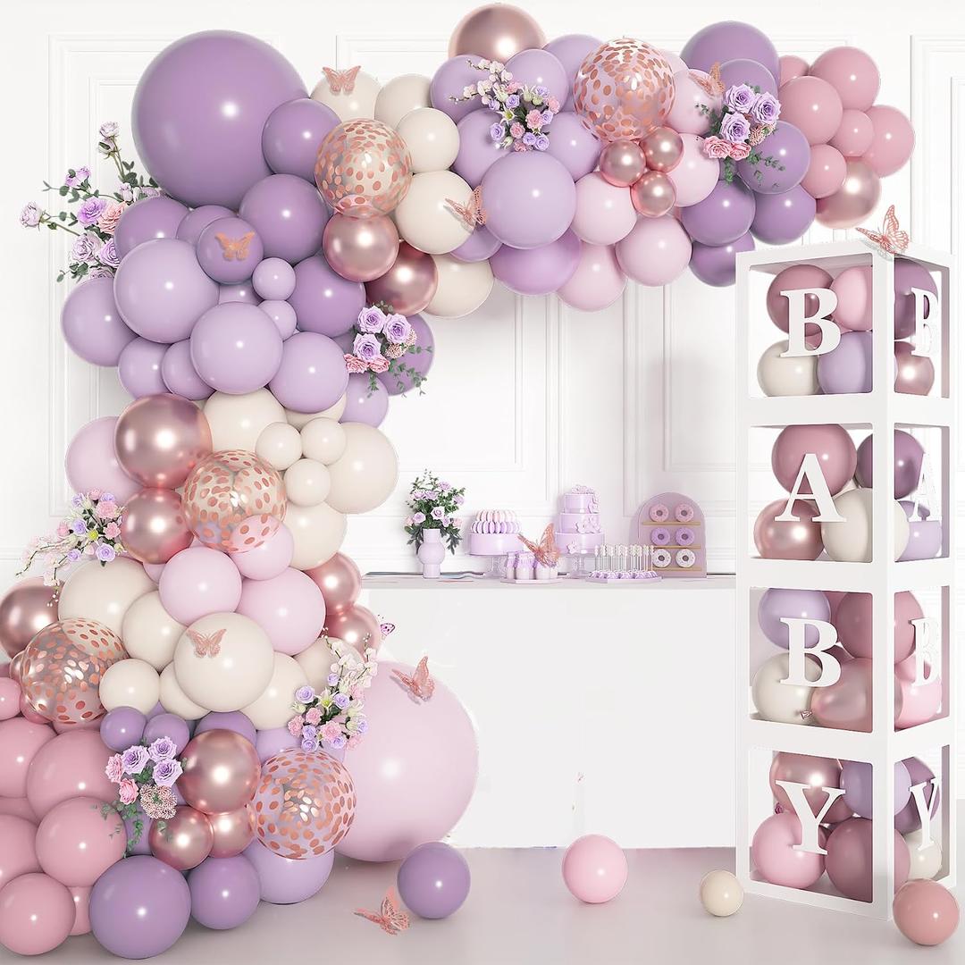 Amandir 153Pcs Purple Baby Shower Decorations for Girl, Double-stuffed Pink Purple Balloon Arch Kit Baby Boxes with Letter Foil Butterfly Balloons Sticker for Birthday Wedding Party Supplies