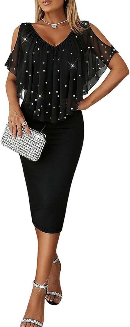 CHICME Womens V Neck Cold Shoulder Bodycon Midi Dress with Rhinestone and Pearls Cocktail Evening Wedding Guest Dress (Medium, Black)