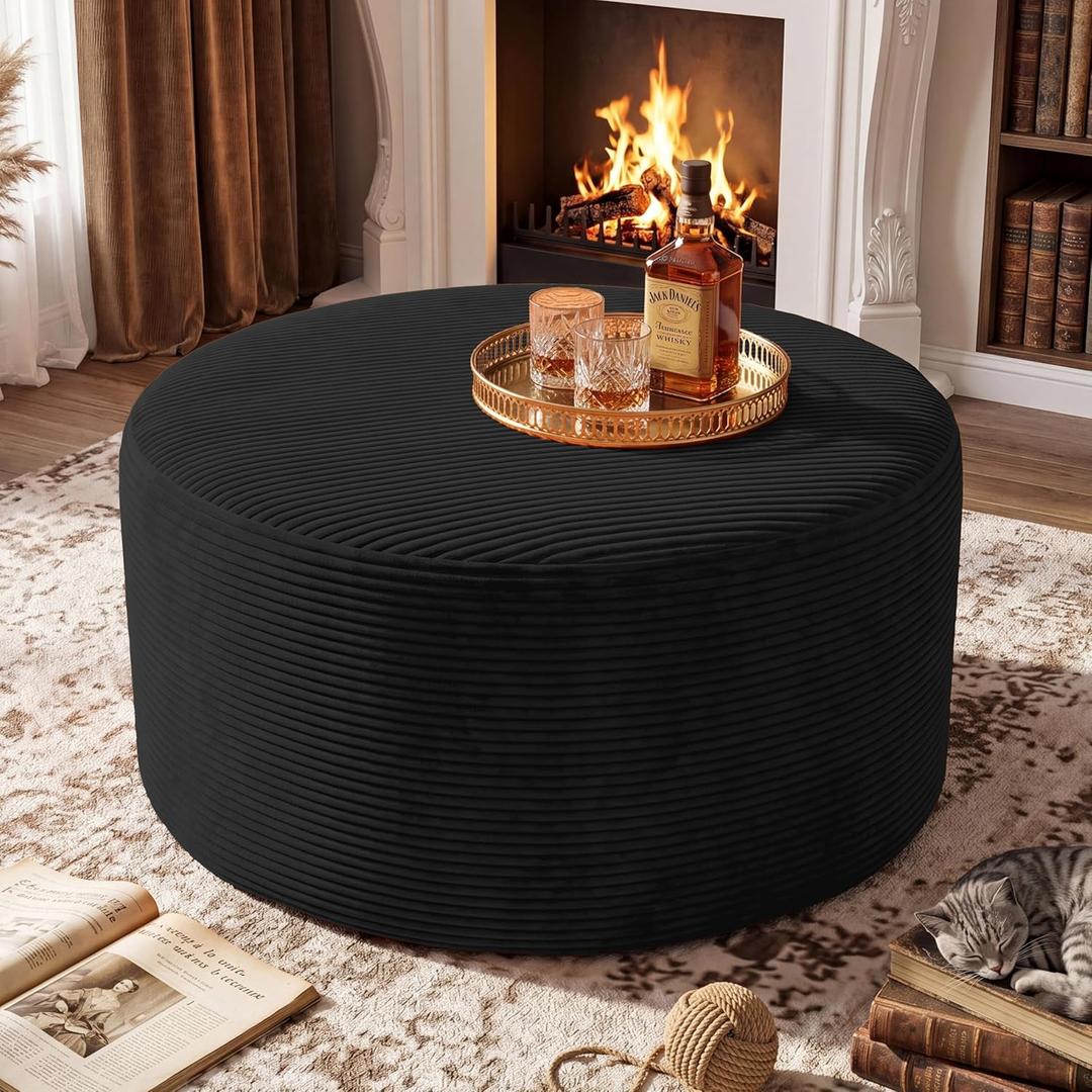 BSHOMGI Round Coffee Table Ottoman for Corduroy Cloud Sectional Couches in a Box Memory Foam Compressed Pouf Footstool Rest for Living Room, Bedroom, Makeup Room No Assembly Require(Black, 27.6")