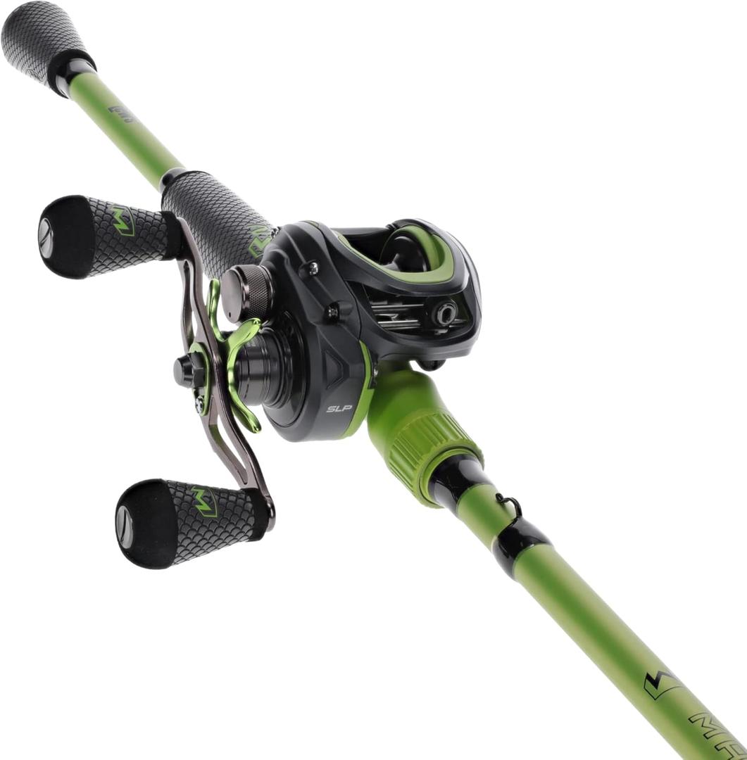 Lew's MACH 2 Baitcast Reel and Fishing Rod Combo, IM8 Graphite Blank Fishing Rod, Winn Dri-Tac Ultra Handle, Black/Green (7'3")
