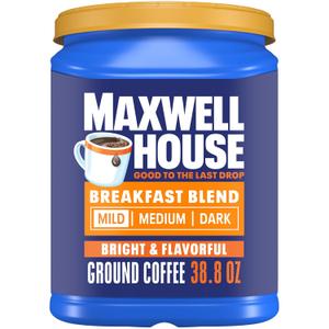 Maxwell House Breakfast Blend Mild Roast Ground Coffee, 38.8 oz Canister (EXP 06/10/27)