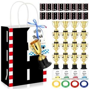 Gueevin 52 Pcs Race Car Party Favors Race Car Birthday Party Supplies Include 12 Racetrack Goodie Bags Mini Trophies Thank You Cards 4 Ribbons for Racing Goodie Bags Stuffers Birthday Decorations