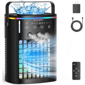 Portable Air Conditioners, Mini Air Conditioner Portable with Remote, 3 Speeds & 3 Mist, 2-8H Timer & 7 Light Evaporative Air Cooler, Personal Cooling Air Conditioner Fan for Bedroom Office Desk