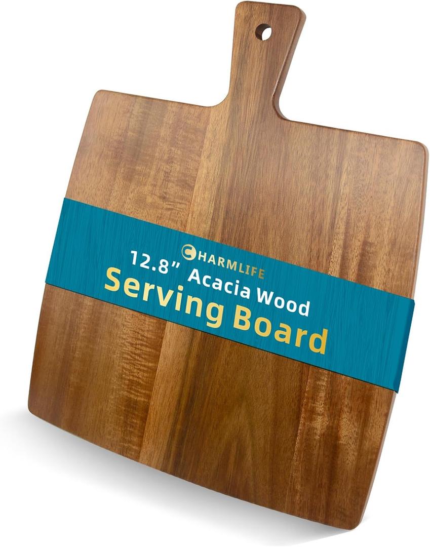 Large Acacia Wood Cutting Board and Chopping Board with Handle 16 x 13 Cheese Board Pizza Board Pizza Cutting Board with Handle- Decorative Charcuterie Boards for Kitchen