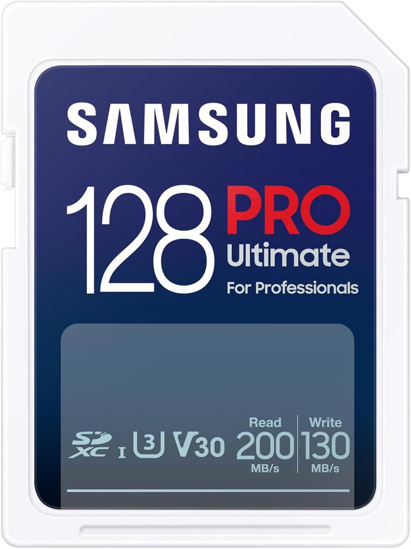 SAMSUNG PRO Ultimate Full Size 128GB SDXC Memory Card, Up to 200 MB/s, 4K UHD, UHS-I, C10, U3, V30, A2, for DSLR, Mirrorless Cameras, PCs, MB-SY128S/AM