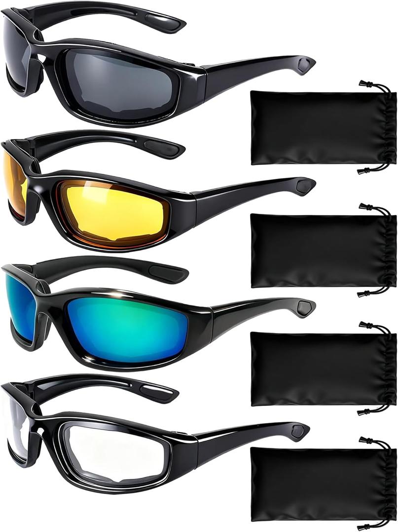 4 Pair Motorcycle Glasses Riding Glasses UV Protection Windproof And Dustproof Motorcycle Foam Cushion Goggles (Gray + Yellow + Clear + Blue)