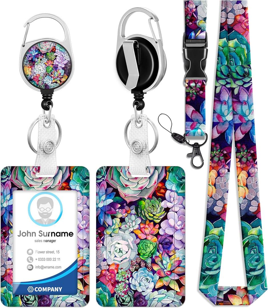 ID Badge Holder with Lanyard and Retractable Badge Reel Clip, Succulent Plants Card Name Tag Lanyard Vertical ID Protector Bage Clips for Nurse Nursing Doctor Teacher Student