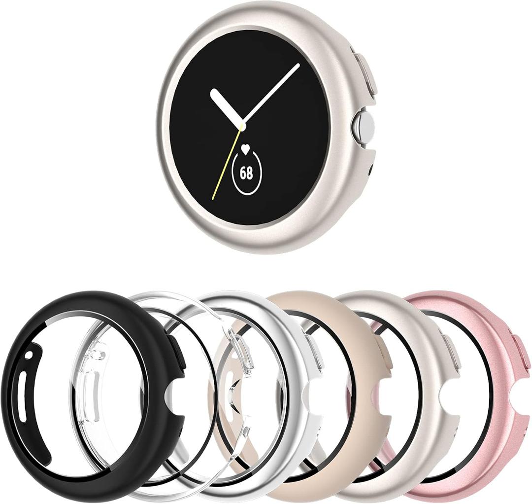 Case for Google Pixel Watch 2 (2023 New)/1 2022, [6-Pack] Hard PC Shockproof Bumper Cover with Tempered Glass Screen Protector for Pixel Watch 2/1 (Black/Clear/Silver/Starlight/Pink/Rose Gold)