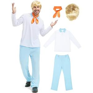Mviz Adult Halloween Costume for Men 60s Outfit with White Sleeve Shirt Blue Pants Orange Scarf Blonde Wig Mystery Cosplay, Large, 