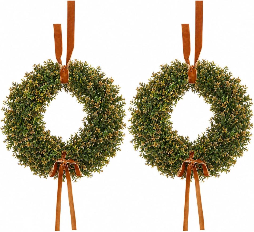 Dingion 2 Pack 20 Inch Fall Wreath for Front Door Boxwood Wreath with Bow
