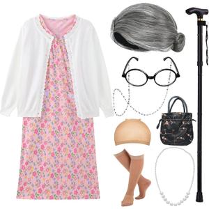 EBYTOP 100 Days of School Costume for Kids 100th Day Halloween Old Lady Costume Dress up Granny Wig Grandma Glasses Cane, 2-WH 4-6 Years