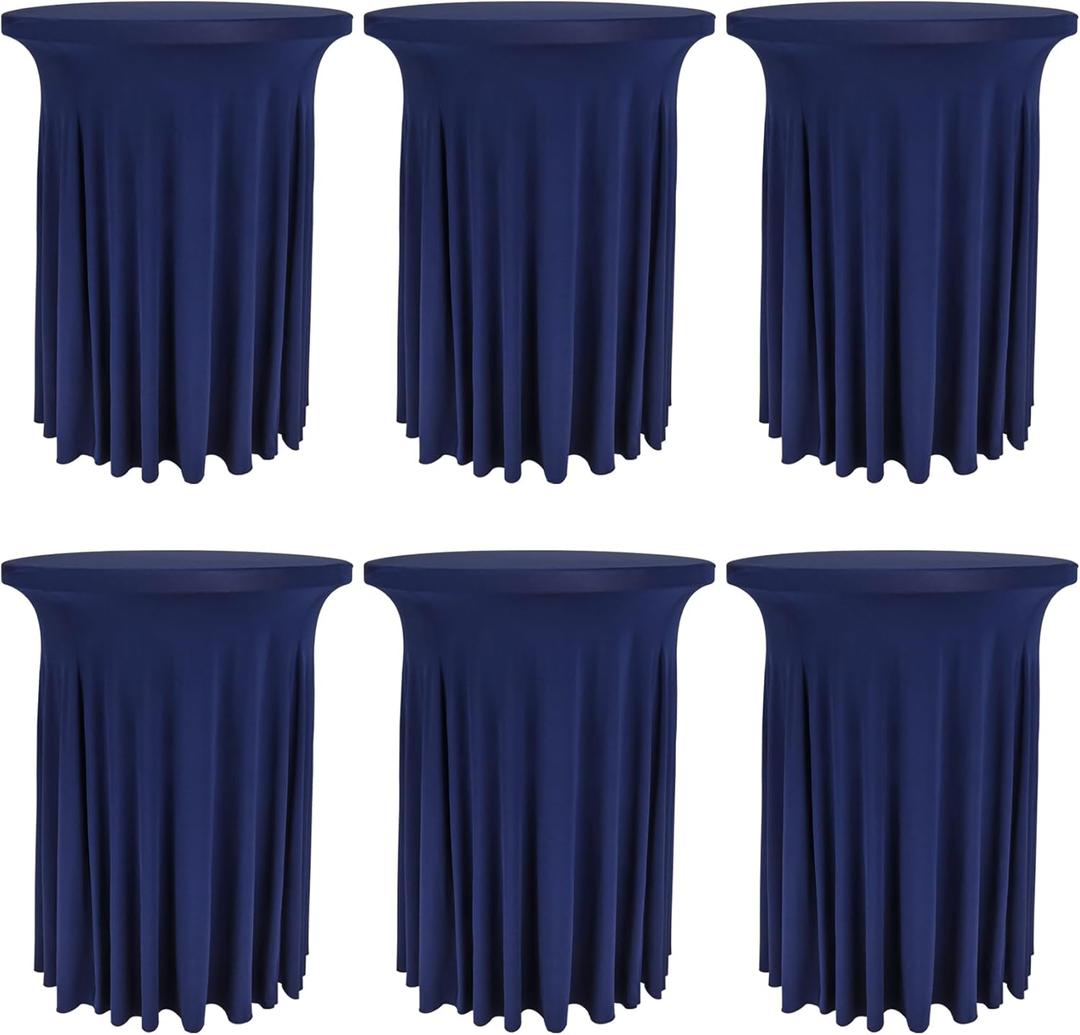 6 Pack Round Cocktail Tablecloth 32"x 43" Spandex Cocktail Table Skirt, Washable Stretch Fitted Table Covers for High Top Bar,Wedding,Party,Events (Navy Blue)
