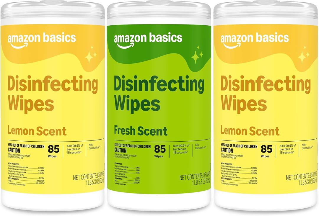 Amazon Basics Disinfecting Wipes, Lemon & Fresh Scent, Sanitizes/Cleans/Disinfects/Deodorizes, 255 Count (2 Packs Lemon, 1 Pack Fresh Scent) (85 Count (Pack of 3))