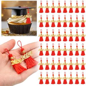Daifunli 60 Pcs 2026 Mini Graduation Tassels for Craft 2.4inch Tassels Party Favors Mini Bookmark for Graduation Decor, Chocolates Decor, Keychain Making(Red)