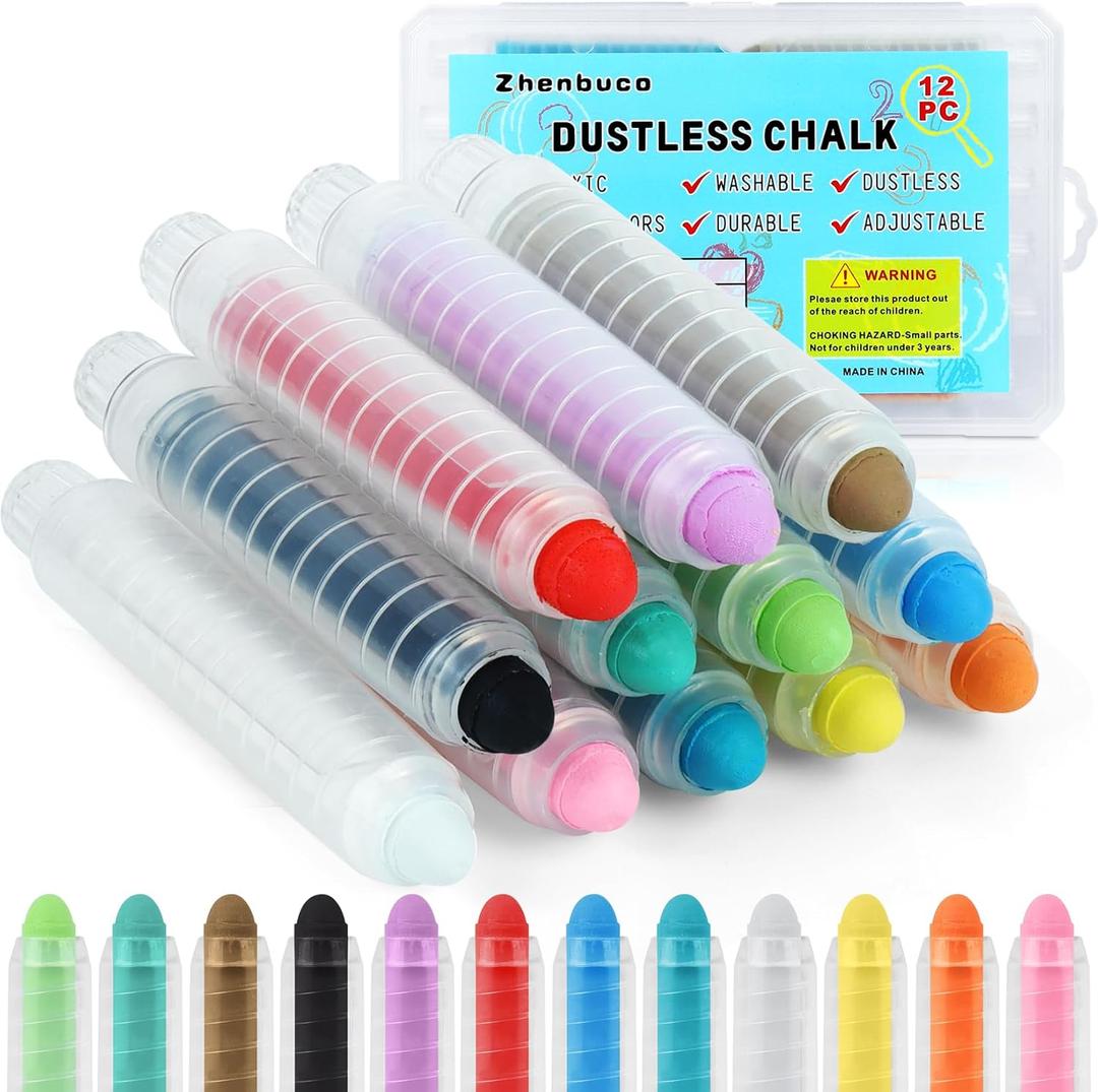 Dustless Chalk for Kids - 12 PCS Colored Non-toxic Twistable Children's Day Sidewalk Chalk with Holder, Dust-free Washable Toddler Chalk, Art Tool for Children Outdoor Blackboard Drawing Writing