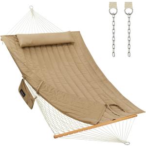 Outdoor Double Hammock with Hardwood Spreader Bars, Large Rope Hammock with Polyester Pad and Pillow, 475 LBS Capacity for 2 Person Patio Backyard Poolside - Tan