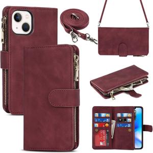 iCoverCase Compatible with iPhone 14 Crossbody Case with Strap for Women, Wallet Phone Case with Card Holder, Zipper Purse PU Leather Flip Cover Case 6.1 Inch (Claret)