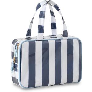 Travel Toiletry Bag for Women, Waterproof Clear Coated Portable Stripe Makeup Cosmetic Bag with Compartment, Travel Organizer for Shampoo, Conditioner, Brushes Set,Cosmetic Accessories(White-Navy)