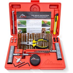 Tire Repair Kit by Boulder Tools - Heavy Duty Plug Kit for Cars, Trucks, Motorcycles, ATVs - Complete Flat Fix Automotive Tools Set with Storage Case, Valve Tool, Pliers, and Repair Plugs