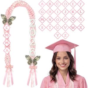 Class of 2026 Graduation Leis with Pearl Bows, 108 Patches Letters and Pearl 2026 Numbers DIY Graduation Ribbon Lei Double Braided Necklace for Senior Night College Grad Party Supply(Pink)