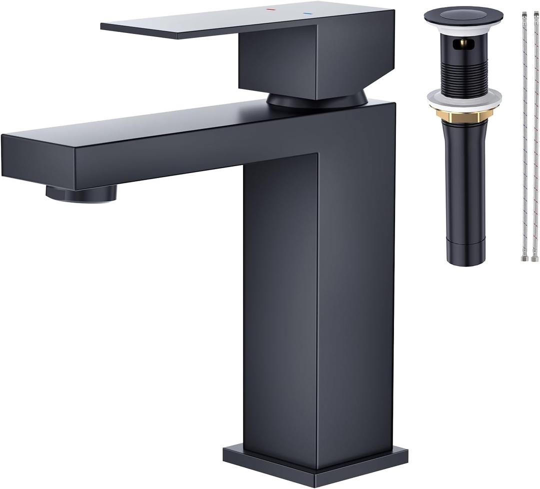 Faustina Black Bathroom Faucet 1 Hole,Single Handle One Hole Bathroom Faucet with Pop Up Drain Assembly,Centerset Vanity Faucet RV Bathroom Sink Faucet Stainless Steel Basin Faucet Restroom Faucet