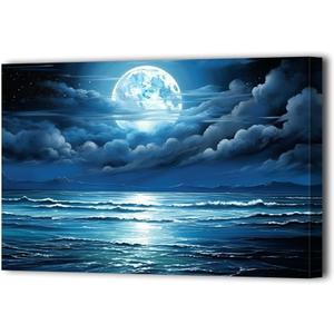 LURENCZH Ocean Moon Canvas Wall Art Night Full Moon Picture Wall Decor Blue Seascape Painting Prints Living Room Office Decor Framed(Moon-2,16.00" x 24.00")