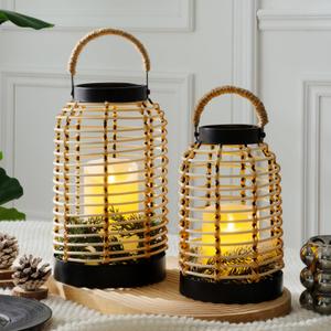 Handwoven Rattan Lantern Set, Metal Frame, Natural Boho Style, Patio Decorative Lanterns.