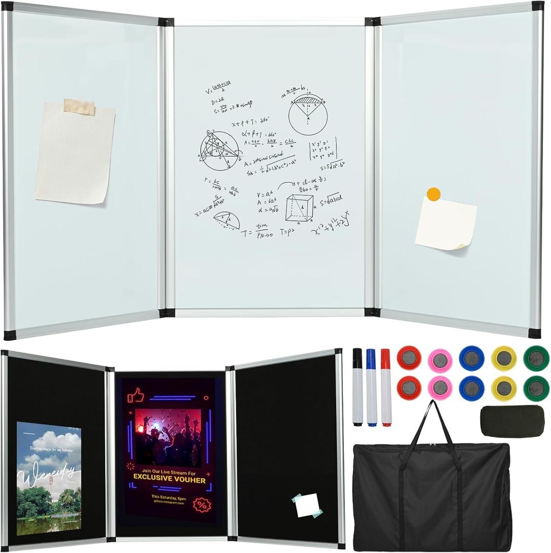 Double-Sided Trifold Display Board 3 Panel Presentation Whiteboard 70.4 x 35.4in Trade Show Presentation Board Aluminum Tabletop Display Folding Panel for Trade Show Table Top