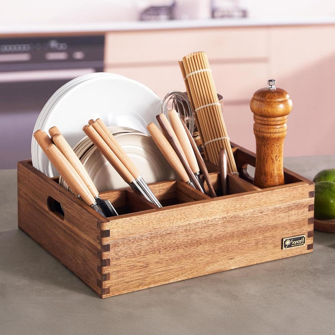 Acacia Wood Utensil Holder, Paper Plate Dispenser Organizer for Countertop - 6 Compartment Silverware Caddy for Friendsgiving Party - Cutlery Holder for Cup, Fork, Spoon, Kitchen, Camping