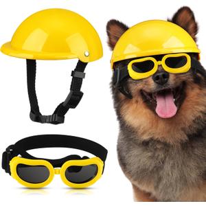 Frienda Dog Helmet and Goggles, UV Protection Doggy Sunglasses and 4 Inch Padded Puppy Motorcycle Helmet Adorable Dog Goggles with Adjustable Belt for Small Dogs Puppy Riding(Yellow,M)