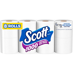 Scott 1000 Toilet Paper, 8 Rolls, Septic-Safe, 1-Ply Toilet Tissue
