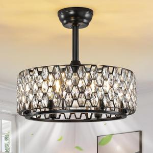 RUIYEY Crystal Ceiling Fans with Lights: 20 inch Black Caged Fandelier Ceiling Fans with Remote, Reversible 7 Blades 6 Speeds E12 6 Light Modern Flush Mount Ceiling Light Fixtures for Bedroom Kitchen