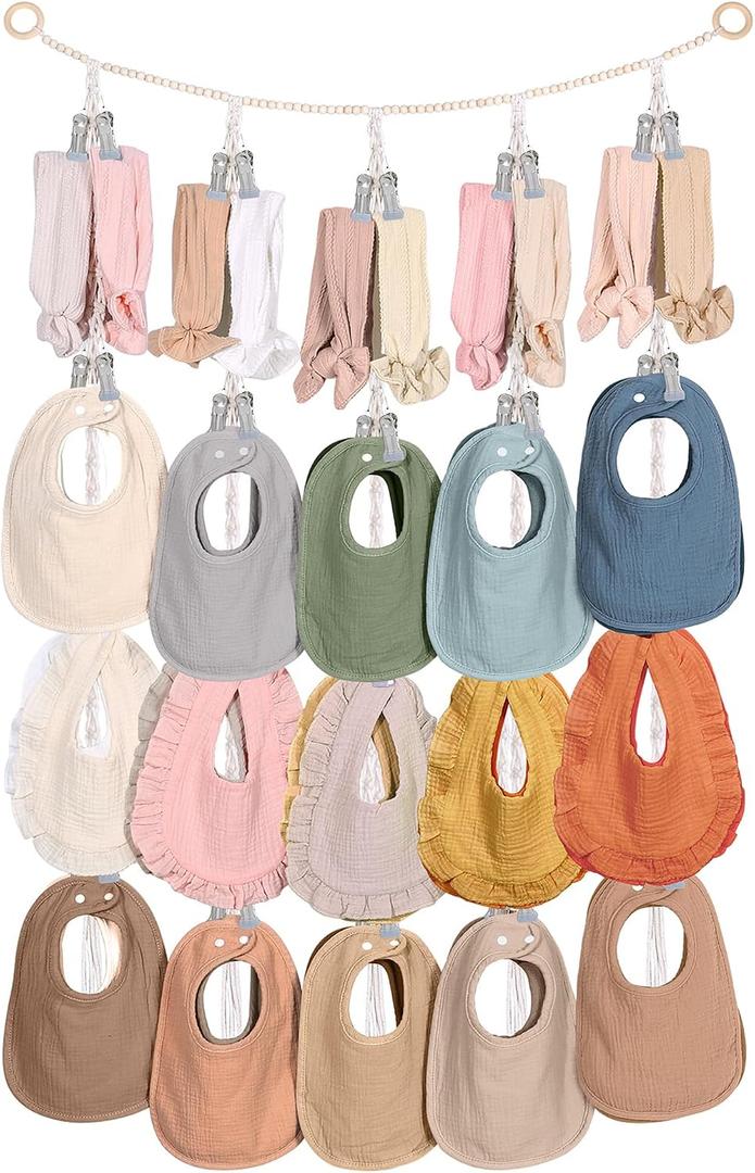 MOFASVIGI Baby Bib & Headband Holder, Macrame Nursery Hanging Storag | Boho macrame hanging organizer with sturdy metal clips. Perfect for baby bibs, headbands, burp cloths, and socks
