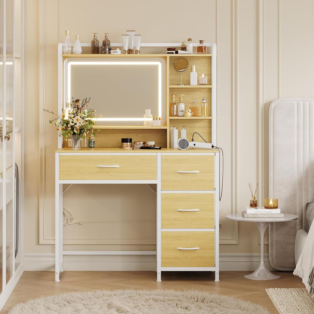 Garvee Vanity Desk with Square Mirror, 35.4 Makeup Vanity Table with Shelves, 4 Fabric Drawers Storage, Modern Dressing Table for Bedroom, Gift for Girls (Natural)