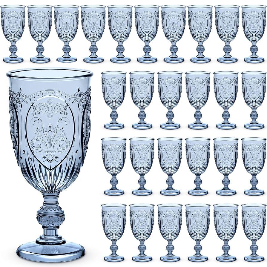 Wiwiqing 48 Pcs Vintage Wine Goblet Colored Water Goblets Plastic Wine Glasses Retro Embossed Glassware Water Goblets for Wine Bar Juice Baby Shower Wedding Reception Grand Event Party (Blue)