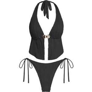 ZAFUL Women Striped Halter Bikini Set Backless String Tankini Tie Side Swimsuit Cheeky 2 Piece Bathing Suit (Black, S)