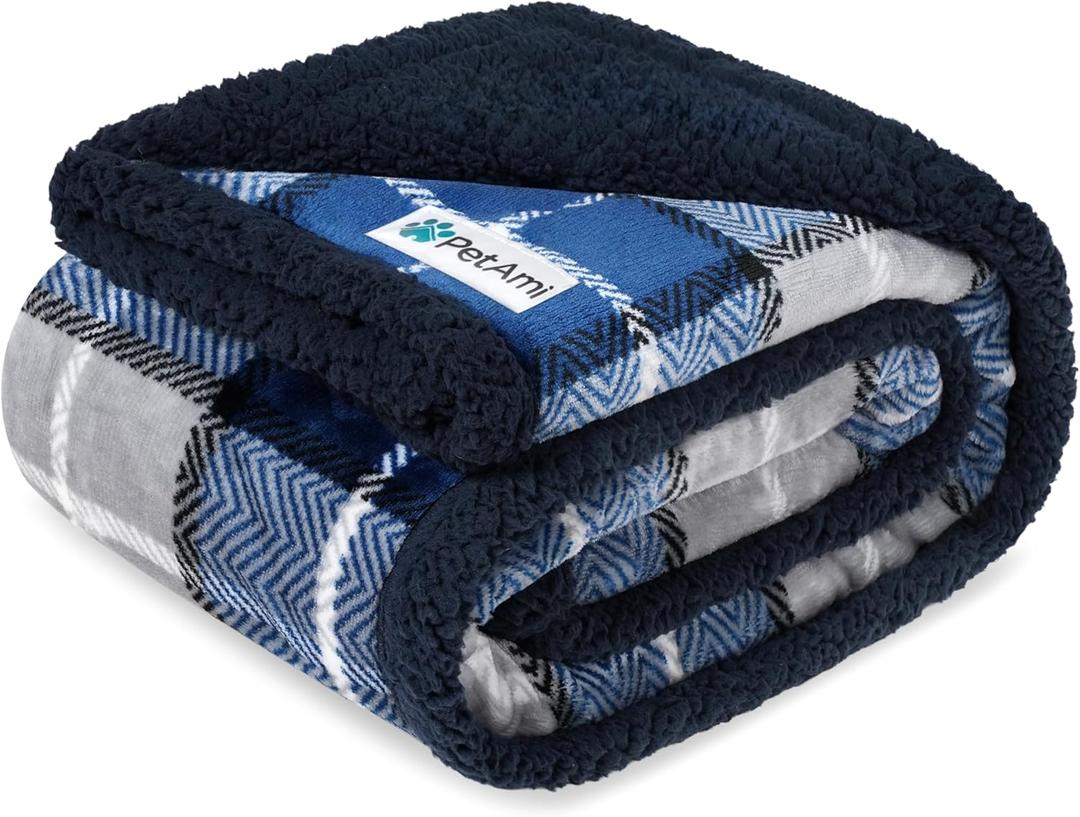 PetAmi Waterproof Dog Blanket for Couch, Pee Proof Sherpa Fleece Reversible Pet Throw, Furniture Protector for Bed Sofa Kennel, Soft Washable Cover for Small Medium Dog Puppy Cat, 29x40 Plaid Blue