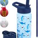 14 OZ Kids Water Bottle with Straw & 2 Lids (Flip & Spout) Leak Proof Metal Insulated Stainless Steel Reusable Tumbler for School & Sports Water Bottle - Blue (Shark)