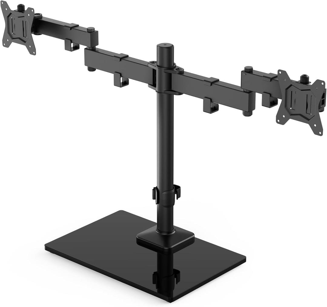 HUANUO Freestanding Dual Monitor Stand, 32 Inch Dual Monitor Mount for 2 Screens, Holds up to 19.8 lbs per Arm, Gaming Monitor Arm Riser with Tempered-Glass Base, Tilt, Swivel, Rotation, Black