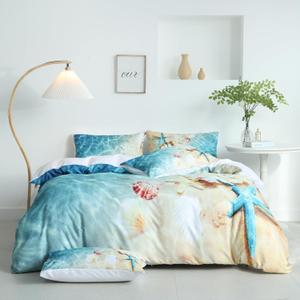 Beach Comforter Print Queen Size Soft 3 Pieces Lightweight 3D Ocean Sea Shell Starfish Beach Theme Beach Queen Comforter Set for All Seasons 1 Comforter and 2 Pillowcases (Coastal, Queen) (Queen(90"x90"))