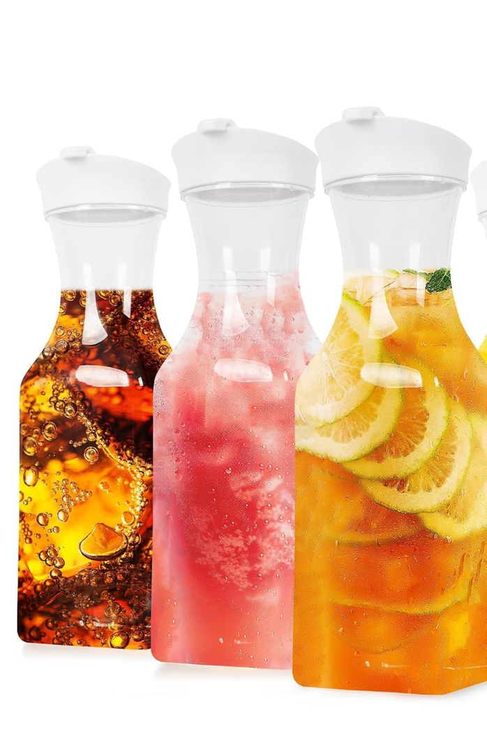 Set of 3 Plastic Carafe with Lid, 1 Liter Mimosa Bar Supplies, Large Square Base Juice Containers, Water Bottle, Milk Container, Clear Beverage Containers for Fridge