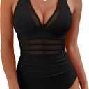 BMJL Women's Tummy Control Swimsuits Mesh Sexy One Piece Bathing Suits Slimming V Neck Swimwear (Black, XL)