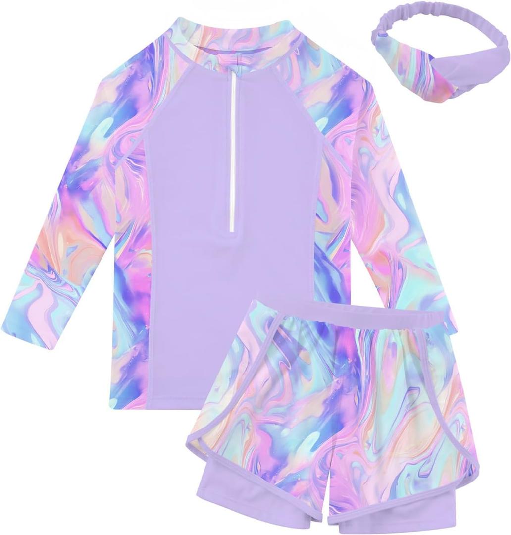 Idgreatim Girls Rash Guard Swimsuit Size 8 Purple Rashguard Set with Headband Cute Swimwear Summer Bathing Suits 7-8 Years