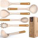Large Silicone Cooking Utensils - Heat Resistant Kitchen Utensil Set with Wooden Handles, Spatula,Turner, Slotted Spoon, Pasta server, Kitchen Gadgets Tools Sets for Non-Stick Cookware (Khaki)