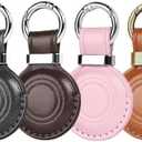 MOLOVA 4 Pack Genuine Leather Handcrafted for Airtag Holder Keychain, Compact Design with Airtag Keychain, Secure for Airtags Holder with Stainless Steel Ring Lock, Black/Vintage Color/Pink/Brown
