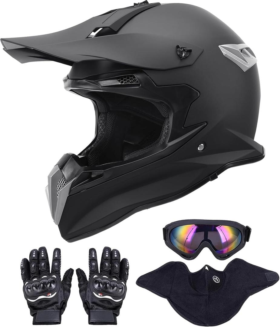 OUMURS Adult Dirt Bike Helmet with Goggles Gloves & Mask Adjustable Sun Visor Motorcycle Adult ATV Helmet Off-Road Motocross Downhill Moped MX BMX for Unisex-Adult-Matte Black-188, XL