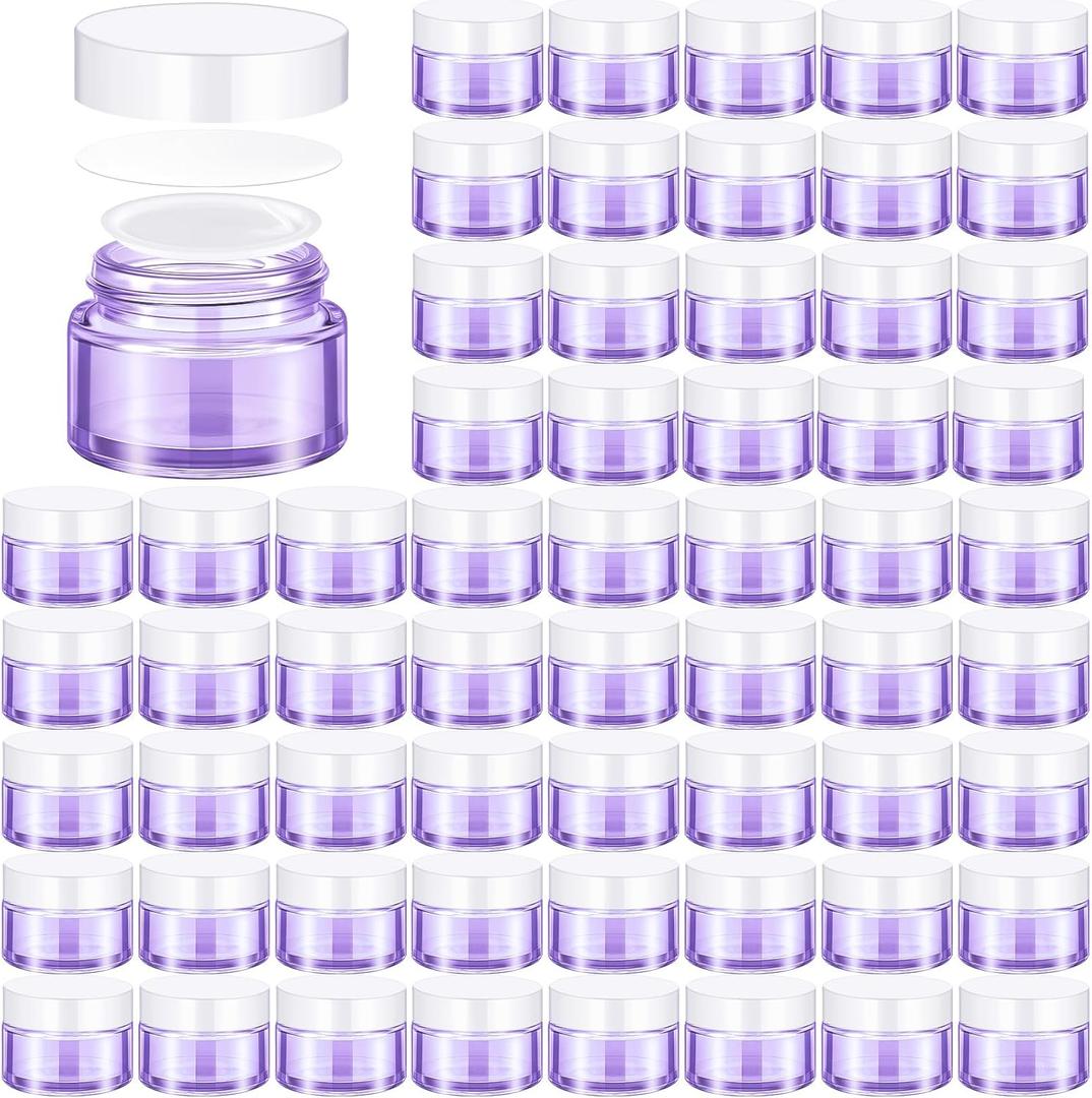 Domensi 60 Pcs 1oz Glass Jars with Lids Bulk Salve Tins Winter Cream Container Small Glass Cosmetic Jars for Travel Lip Balm with Inner Liners for Lotion Sample Cream(Light Purple, White Lids)
