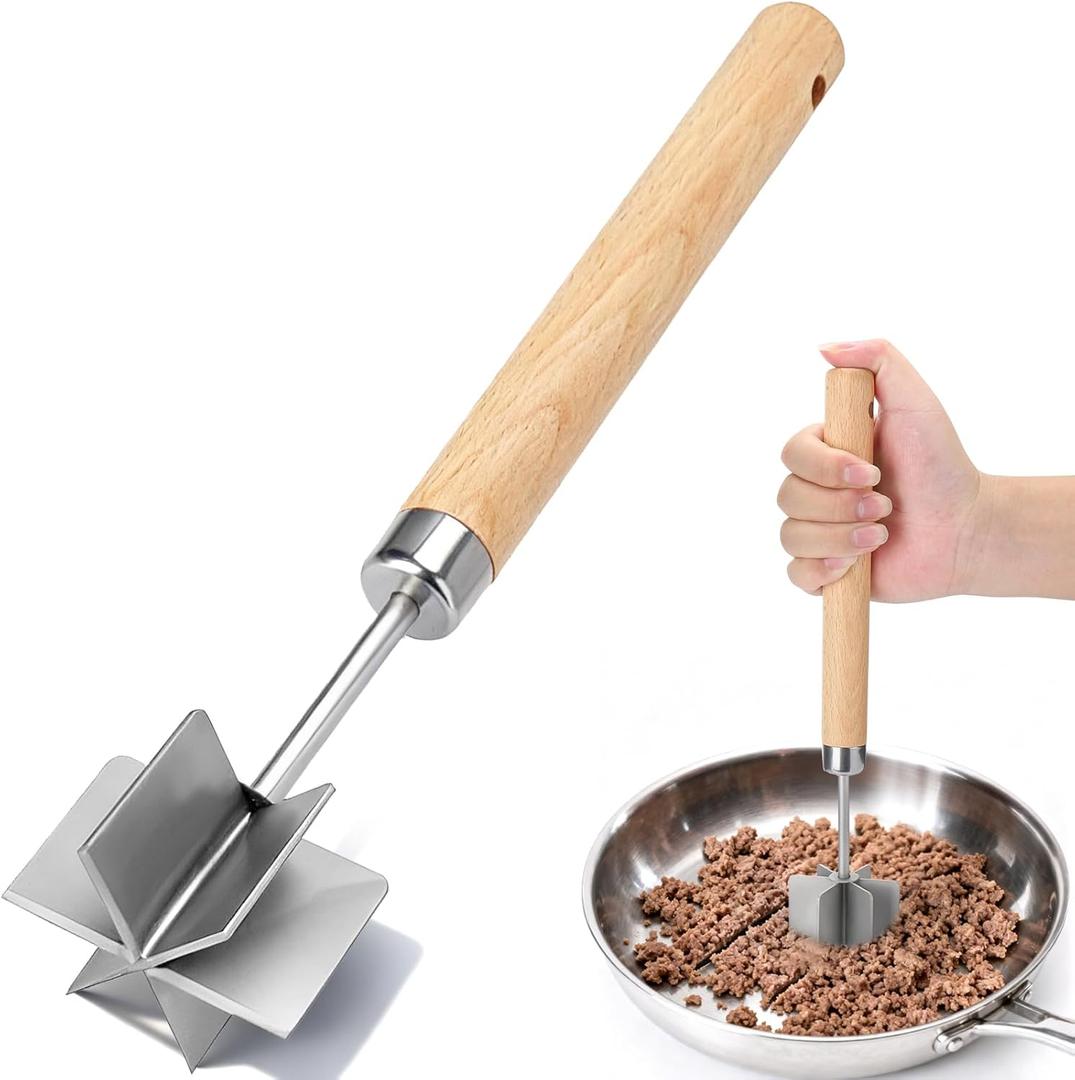 Palksky Meat Chopper Stainless Steel, 6 Curve Blades Meat Masher, 11 Inch Ground Beef Chopper Tool & Hamburger Smasher, Meat Pounder & Multi-Purpose Kitchen Tool