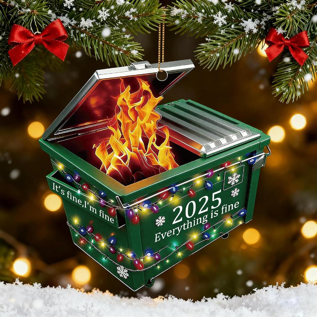 2025 Christmas Ornaments, 3.9In Personalized Dumpster-Fire Acrylic Christmas Tree Ornaments, Unique Painted Dumpster Hanging Decorations, Xmas Decor, for Family, Friends