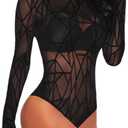 JomeDesign Women Black Sheer Mesh Long Sleeve Jumpsuit Bodysuits Clubwear (X-Large)